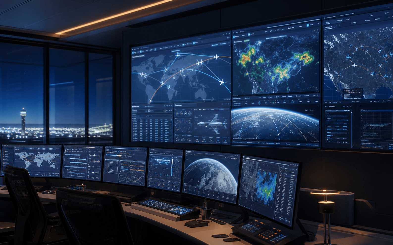 Aviation operations software screens showing global routes and flight data